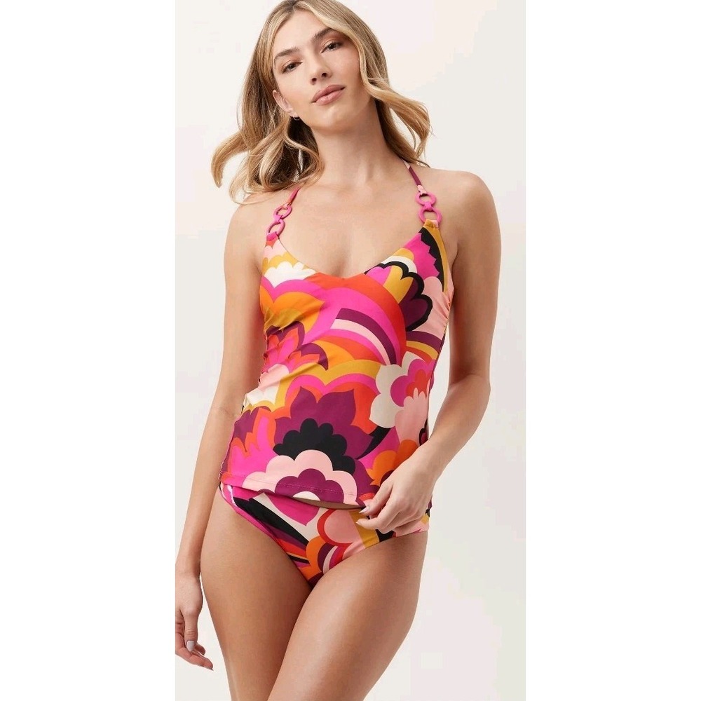 Trina‎ Turk Swimsuit 14 One Piece Fan Faire Halter Ring Colorful Resort Cruise